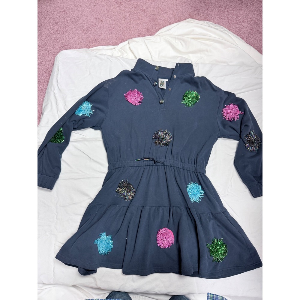 Queen of Sparkles Navy Blue Beaded Pom-Pom Sweatshirt Dress XL Long Sleeve
